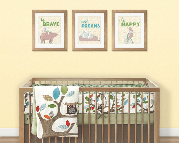 Woodland Nursery Wall Art, Set of 3, Bear and Bunny Art, Sweet Dreams, Be Happy, Be Brave, Printable Wall Art INSTANT DOWNLOAD Nursery Print