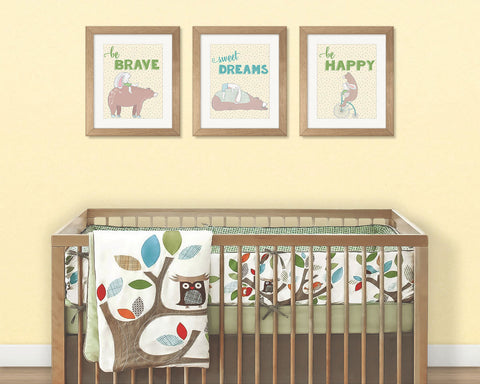Woodland Nursery Wall Art, Set of 3, Bear and Bunny Art, Sweet Dreams, Be Happy, Be Brave, Printable Wall Art INSTANT DOWNLOAD Nursery Print