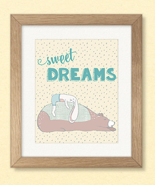 Nursery Art, Bear and Bunny Print, Sweet Dreams, Printable Wall Art, INSTANT DOWNLOAD, Nursery Print, Babys Room Decor, Childs Room Wall Art