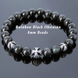 Men's Women Bracelet with Black Obsidian Sterling Silver Cross Beads DiyNotion Handmae BR737