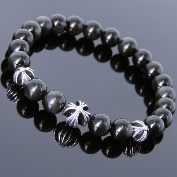 Men's Women Bracelet with Black Obsidian Sterling Silver Cross Beads DiyNotion Handmae BR737