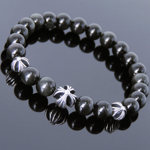 Men's Women Bracelet with Black Obsidian Sterling Silver Cross Beads DiyNotion Handmae BR737