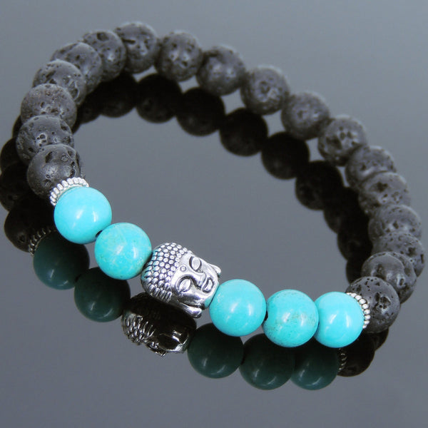 Men's Women Lava Rock Turquoise Tibetan Silver Bracelet Sakyamuni Buddha Yoga Mala DiyNotion Handmade T184