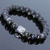 Men's Women Lava Rock Rare Mixed Blue Tiger Eye Tibetan Silver Bracelet Sakyamuni Buddha Yoga Mala DiyNotion Handmade T187