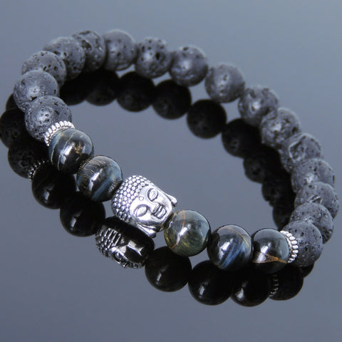 Men's Women Lava Rock Rare Mixed Blue Tiger Eye Tibetan Silver Bracelet Sakyamuni Buddha Yoga Mala DiyNotion Handmade T187