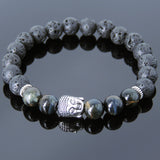 Men's Women Lava Rock Rare Mixed Blue Tiger Eye Tibetan Silver Bracelet Sakyamuni Buddha Yoga Mala DiyNotion Handmade T187