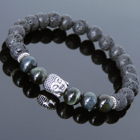 Men's Women Lava Rock Brown Blue Tiger Eye Tibetan Silver Bracelet Sakyamuni Buddha Yoga Mala DiyNotion Handmade T186