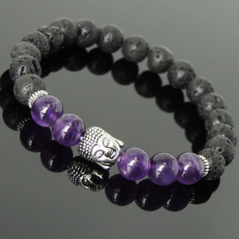 Men's Women Lava Rock Amethyst Tibetan Silver Bracelet Sakyamuni Buddha Yoga Mala DiyNotion Handmade T189