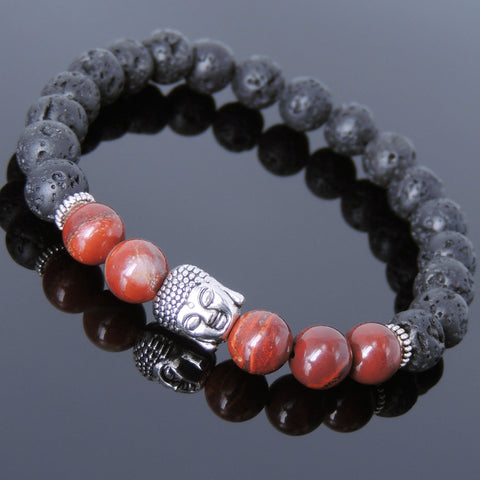 Men's Women Lava Rock Red Jasper Stone Tibetan Silver Bracelet Sakyamuni Buddha Yoga Mala DiyNotion Handmade T191