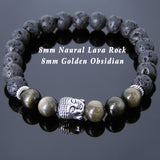 Men's Women Lava Rock Golden Obsidian Tibetan Silver Bracelet Sakyamuni Buddha Yoga Mala DiyNotion Handmade T192