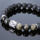 Men's Women Lava Rock Golden Obsidian Tibetan Silver Bracelet Sakyamuni Buddha Yoga Mala DiyNotion Handmade T192