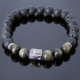 Men's Women Lava Rock Golden Obsidian Tibetan Silver Bracelet Sakyamuni Buddha Yoga Mala DiyNotion Handmade T192