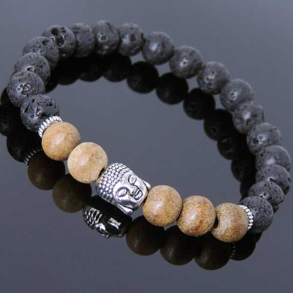 Men's Women Lava Rock Vietnam Agarwood Tibetan Silver Bracelet Sakyamuni Buddha Yoga Mala DiyNotion Handmade T194