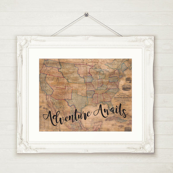 Adventure Awaits, Wall Art, Old Map, INSTANT DOWNLOAD Printable Wall Art, Adventure Wall Art, Travel quote, Vintage Map, Digital Download