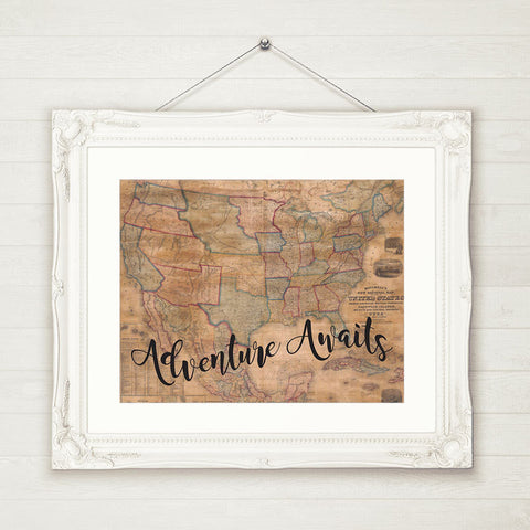 Adventure Awaits, Wall Art, Old Map, INSTANT DOWNLOAD Printable Wall Art, Adventure Wall Art, Travel quote, Vintage Map, Digital Download