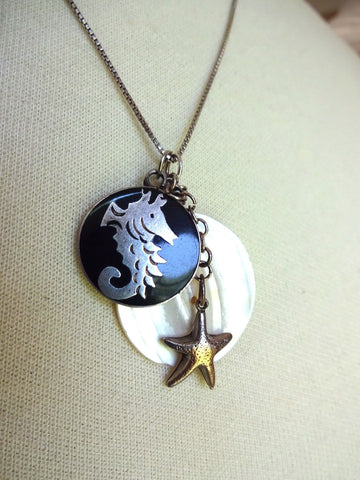 Vintage MOP Button Necklace, Vintage Seahorse Starfish Sterling Silver Charm, Carved White Mother of Pearl Button, Sterling Chain, MCN137