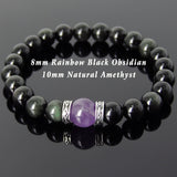 Men's Women Black Obsidian Amethyst Sterling Silver Bracelet Celtic Spacers DiyNotion Handmade BR310