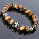Men's Women Bracelet with Brown Tiger Eye Sterling Silver Cross Beads DiyNotion Handmae BR738