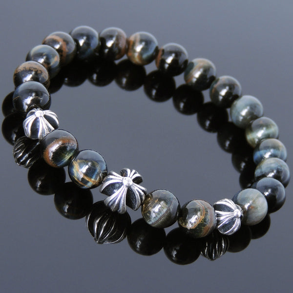 Men's Women Bracelet with Rare Mixed Blue Tiger Eye Sterling Silver Cross Beads DiyNotion Handmae BR740