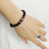 Men's Women Black Obsidian Tiger Eye Sterling Silver Bracelet Celtic Spacers DiyNotion Handmade BR309