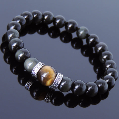Men's Women Black Obsidian Tiger Eye Sterling Silver Bracelet Celtic Spacers DiyNotion Handmade BR309