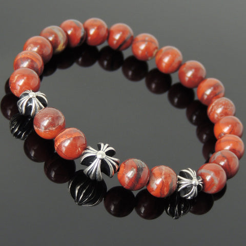 Men's Women Bracelet with Red Jasper Stone Sterling Silver Cross Beads DiyNotion Handmae BR743