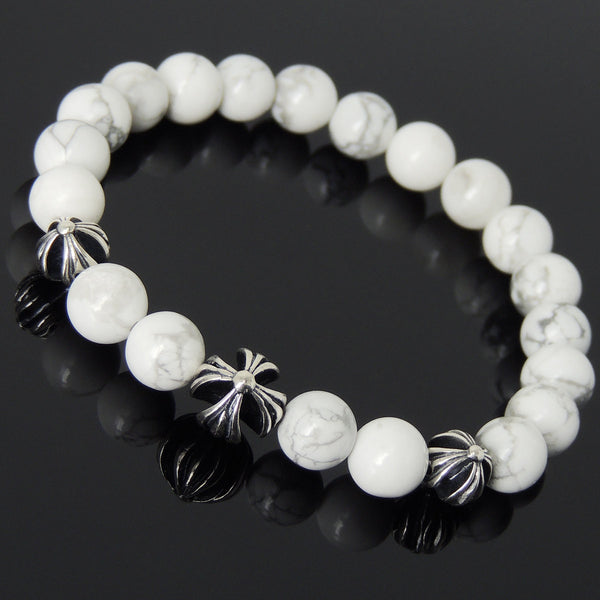 Men's Women Bracelet with White Howlite Sterling Silver Cross Beads DiyNotion Handmae BR744