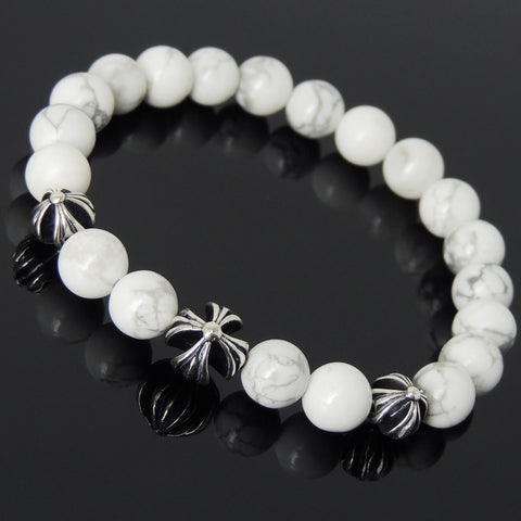 Men's Women Bracelet with White Howlite Sterling Silver Cross Beads DiyNotion Handmae BR744