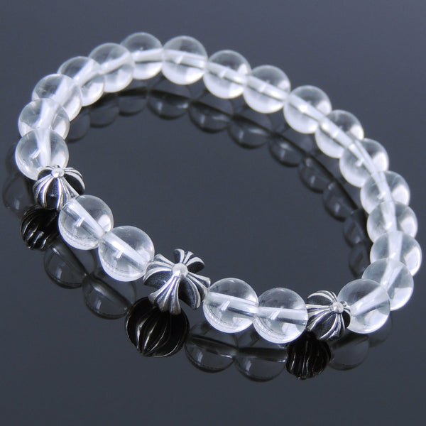 Men's Women Bracelet with White Crystal Sterling Silver Cross Beads DiyNotion Handmae BR745