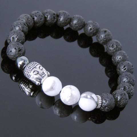 Men's Women Lava Rock White Howlite Hematite Tibetan Silver Bracelet Sakyamuni Buddha Yoga Mala DiyNotion Handmade T203