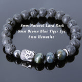 Men's Women Lava Rock Brown Blue Tiger Eye Hematite Tibetan Silver Bracelet Sakyamuni Buddha Yoga Mala DiyNotion Handmade T204