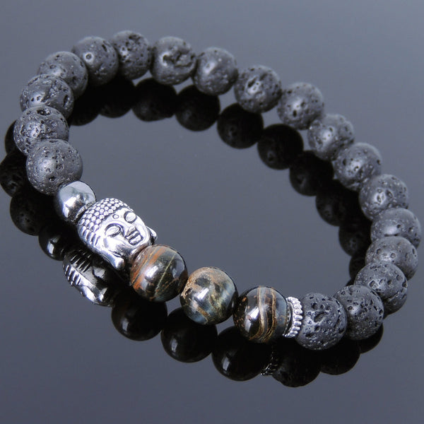 Men's Women Lava Rock Mixed Blue Tiger Eye Hematite Tibetan Silver Bracelet Sakyamuni Buddha Yoga Mala DiyNotion Handmade T205