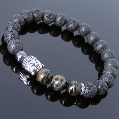 Men's Women Lava Rock Mixed Blue Tiger Eye Hematite Tibetan Silver Bracelet Sakyamuni Buddha Yoga Mala DiyNotion Handmade T205
