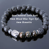 Men's Women Lava Rock Mixed Blue Tiger Eye Hematite Tibetan Silver Bracelet Sakyamuni Buddha Yoga Mala DiyNotion Handmade T205