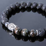 Men's Women Lava Rock Mixed Blue Tiger Eye Hematite Tibetan Silver Bracelet Sakyamuni Buddha Yoga Mala DiyNotion Handmade T205