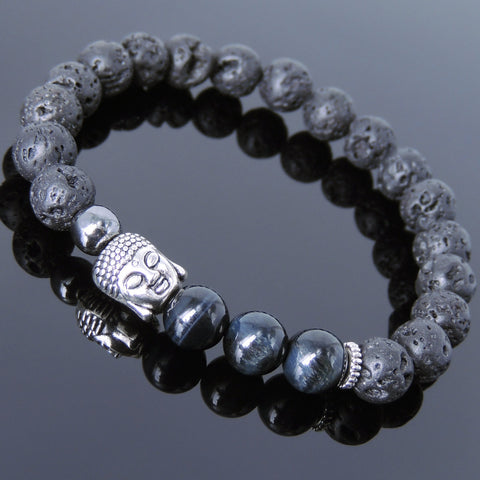 Men's Women Lava Rock Blue Tiger Eye Hematite Tibetan Silver Bracelet Sakyamuni Buddha Yoga Mala DiyNotion Handmade T206