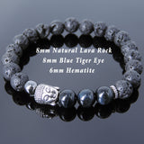 Men's Women Lava Rock Blue Tiger Eye Hematite Tibetan Silver Bracelet Sakyamuni Buddha Yoga Mala DiyNotion Handmade T206