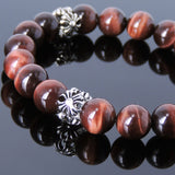 Men's Women 10mm Red Tiger Eye Sterling Silver Cross Charm Bracelet DiyNotion Handmade BR076