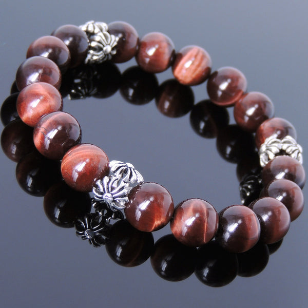 Men's Women 10mm Red Tiger Eye Sterling Silver Cross Charm Bracelet DiyNotion Handmade BR076