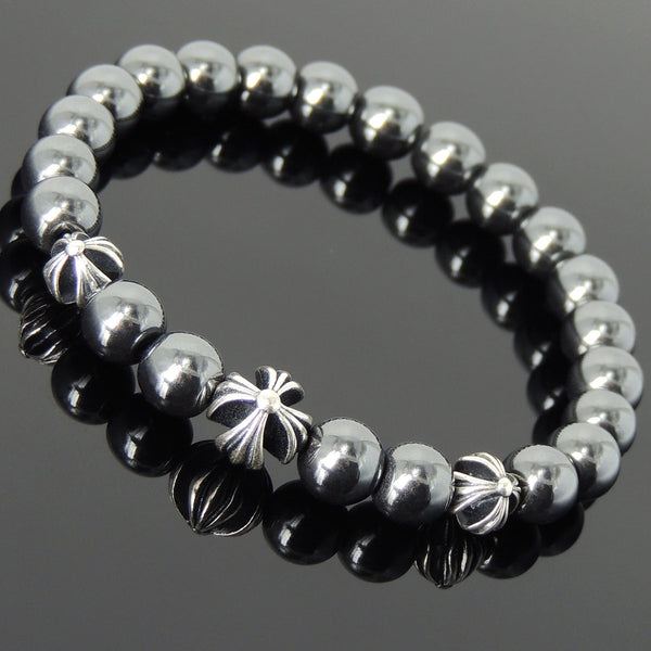 Men's Women Bracelet with Hematite Sterling Silver Cross Beads DiyNotion Handmae BR747