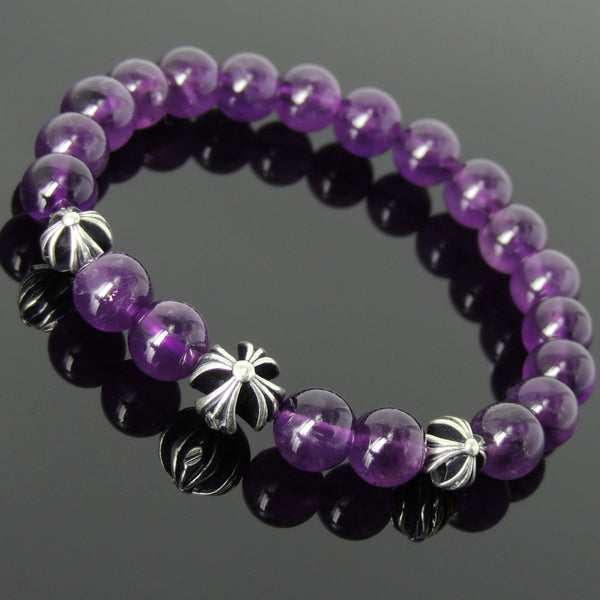 Men's Women Bracelet with Amethyst Sterling Silver Cross Beads DiyNotion Handmae BR748