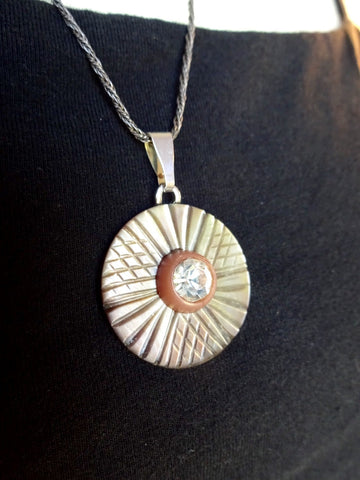 Rhinestone Button Pendant Necklace, Handmade Vintage Smoky MOP Mother of Pearl Buttons, Sterling Silver Chain; Art Deco Necklace, MPN269