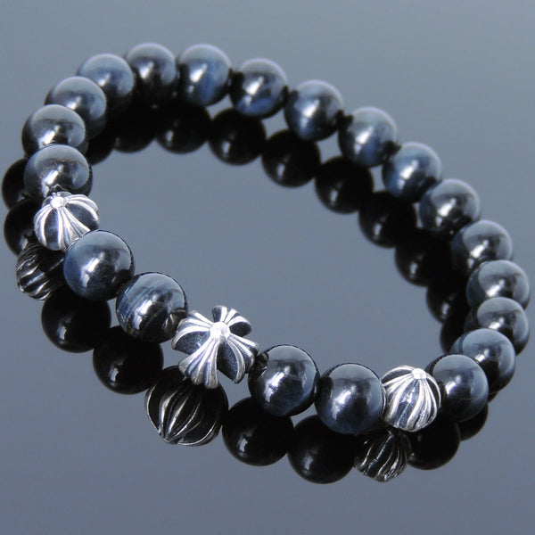 Men's Women Bracelet with Blue Tiger Eye Sterling Silver Cross Beads DiyNotion Handmae BR749