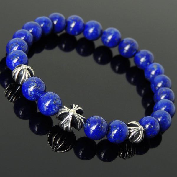 Men's Women Bracelet with Natural High Quality Lapis Sterling Silver Cross Beads DiyNotion Handmae BR750