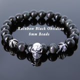Men's Women Bracelet with Black Obsidian Sterling Silver Skull Cross Beads DiyNotion Handmae BR751