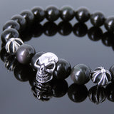Men's Women Bracelet with Black Obsidian Sterling Silver Skull Cross Beads DiyNotion Handmae BR751
