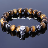 Men's Women Bracelet with Brown Tiger Eye Sterling Silver Skull Cross Beads DiyNotion Handmae BR752