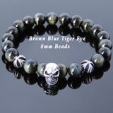 Men's Women Bracelet with Brown Blue Tiger Eye Sterling Silver Skull Cross Beads DiyNotion Handmae BR755