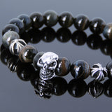 Men's Women Bracelet with Rare Mixed Blue Tiger Eye Sterling Silver Skull Cross Beads DiyNotion Handmae BR754