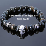 Men's Women Bracelet with Rare Mixed Blue Tiger Eye Sterling Silver Skull Cross Beads DiyNotion Handmae BR754